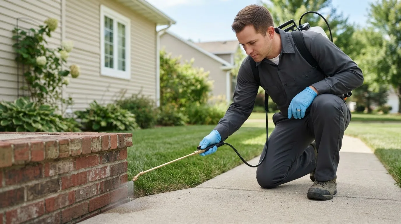 Pest control technician treating a home near Galion, OH