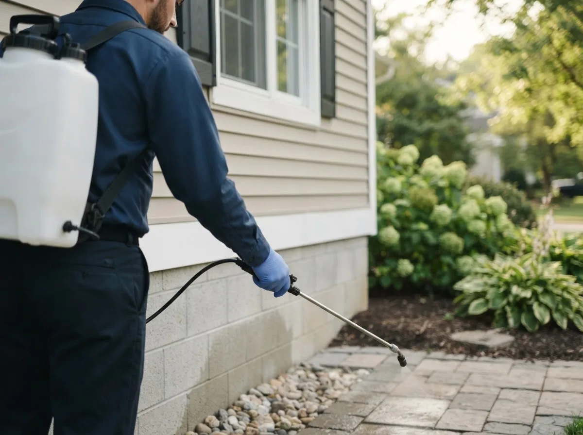 Pest control technician inspecting a home in Galion, OH